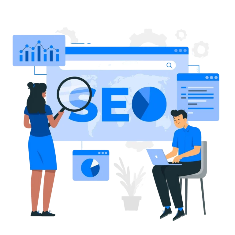 Vector illustration of two people working on SEO