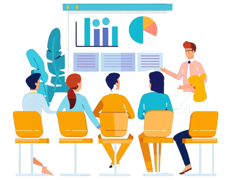 A vector illustration of someone giving a meeting about graphs and charts
