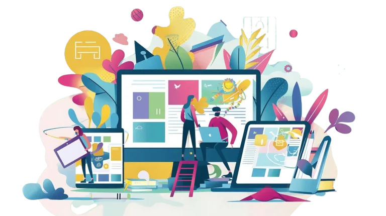 A vector illustration of two small people working on a large phone, computer, and tablet